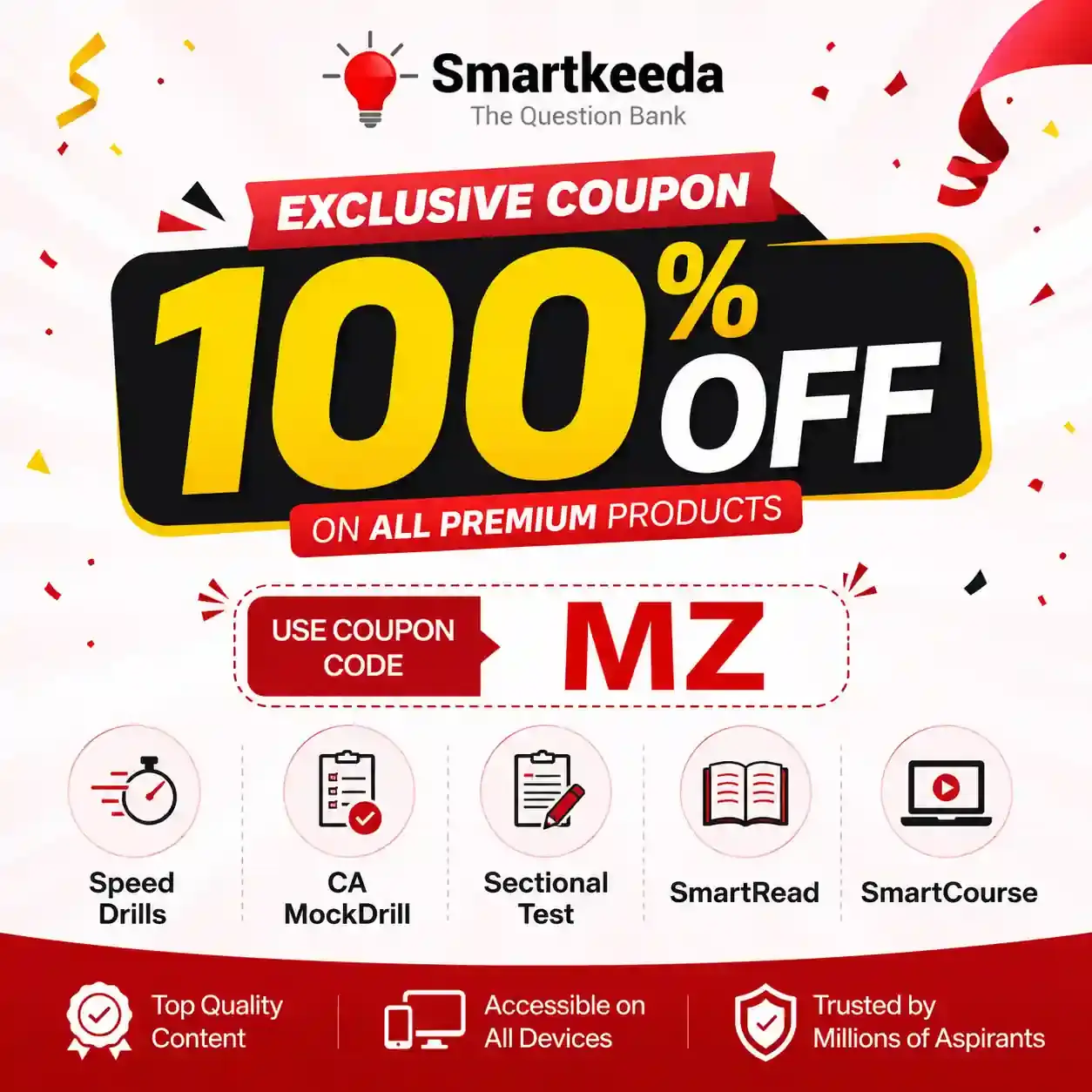 Promotional banner for smartkeeda coupon codes offering 100% off all premium products using MZ. Features include speed drills, ca mockdrills, sectional tests, smartread, and smartcourse.